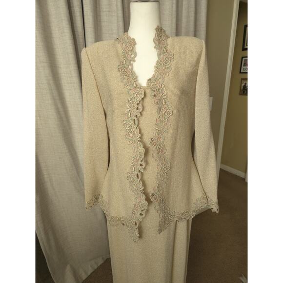 EL-Ana dress suit gold maxi knit metallic Sz L Virgin Wool & Rayon back split - Picture 5 of 11